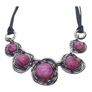 Pink Necklace Glass Bead Wavy Silver Black Rope Necklace